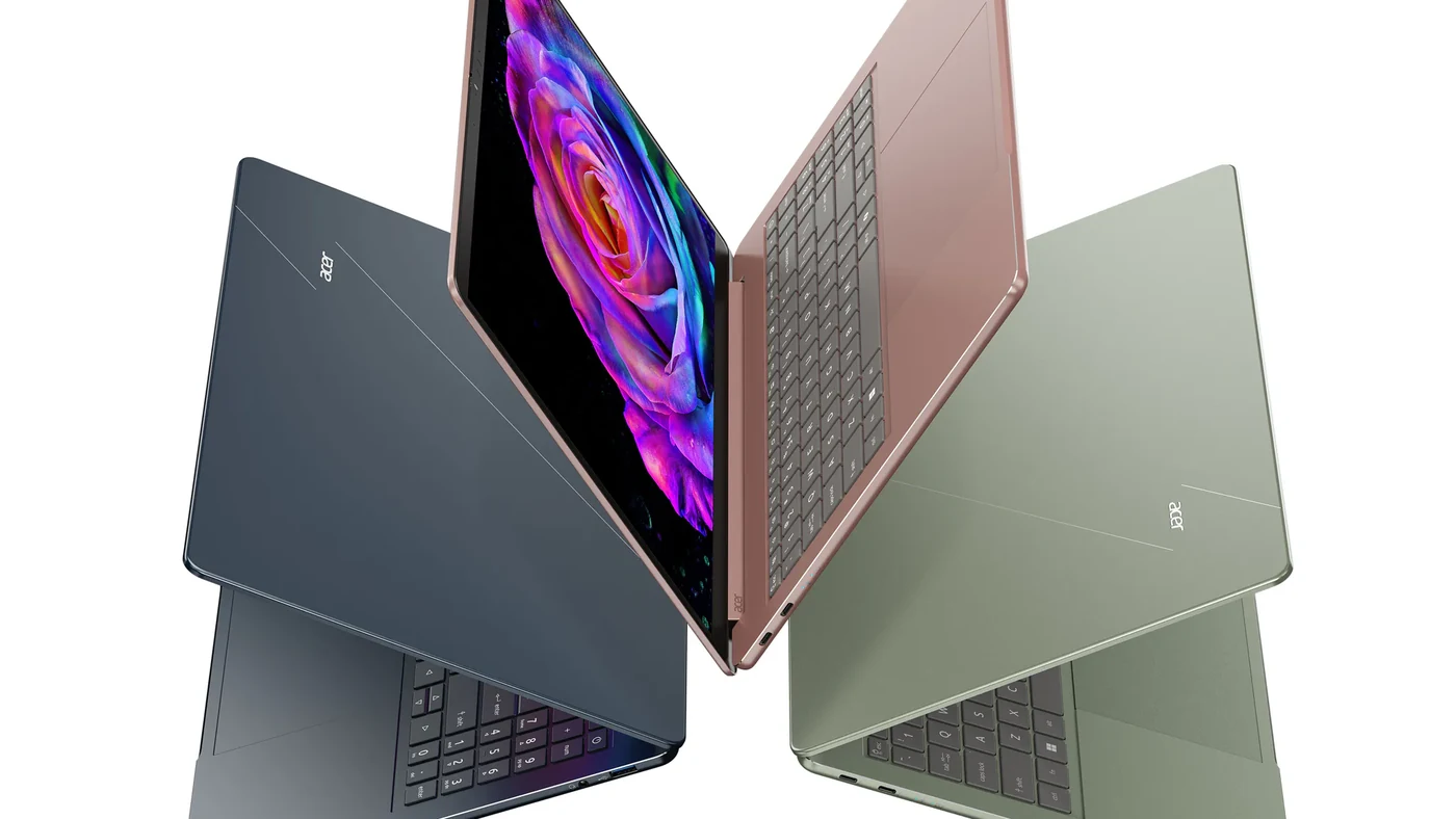 Три ноутбуки Acer Swift Air 16 у різних кольорах, один із відкритим OLED-екраном
