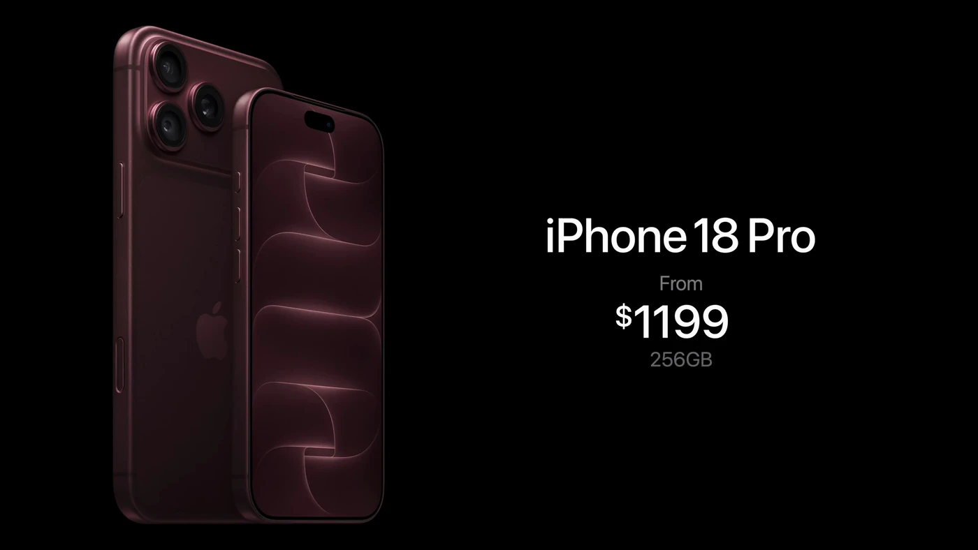 Слайд ціни: iPhone 18 Pro від $1199 за 256 ГБ