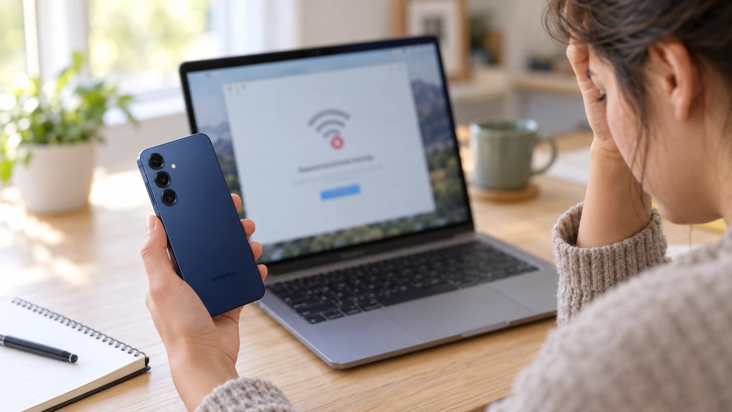 Ноутбук не підключається до точки доступу, поруч смартфон у руці