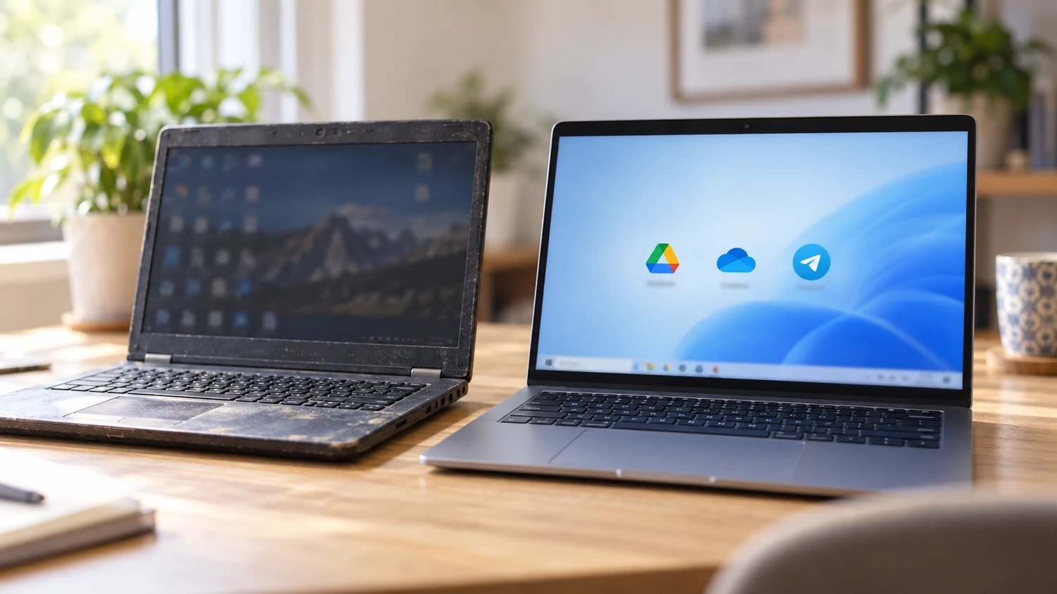 Старий і новий ноутбук, на новому іконки Google Диска, OneDrive і Telegram