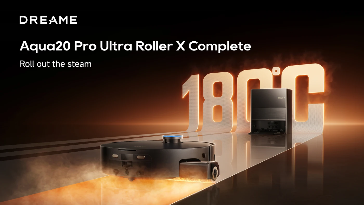 Робот-пилосос Dreame Aqua20 Pro Ultra Roller X Complete із валиком-шваброю і док-станцією на тлі напису 180 °C
