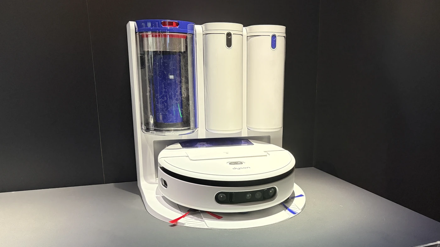 Робот-пилосос Dyson R3 Nurovi Spot+Scrub UV на док-станції з прозорими баками