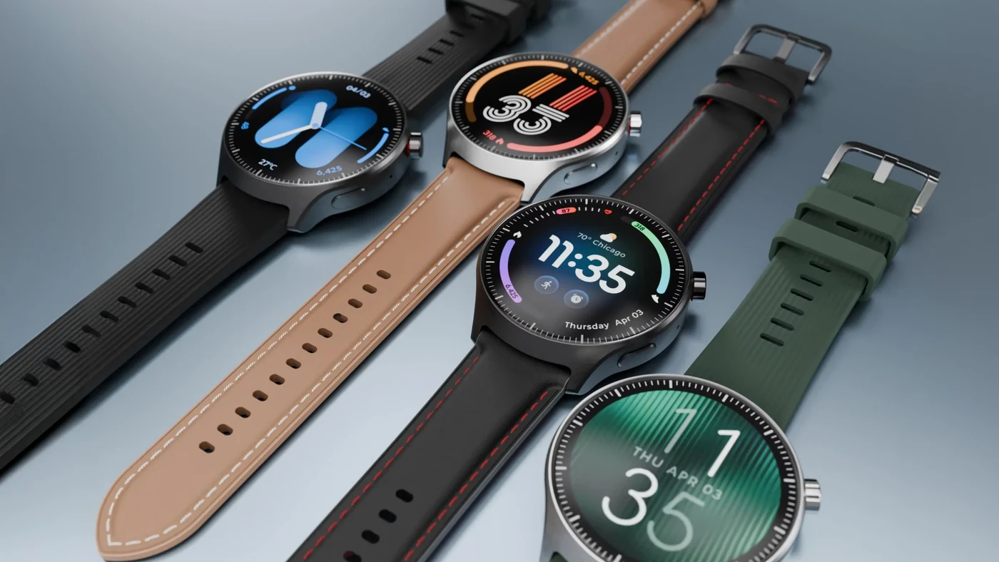 Чотири годинники Motorola Moto Watch Ultra з різними ремінцями, серед них коричневий шкіряний