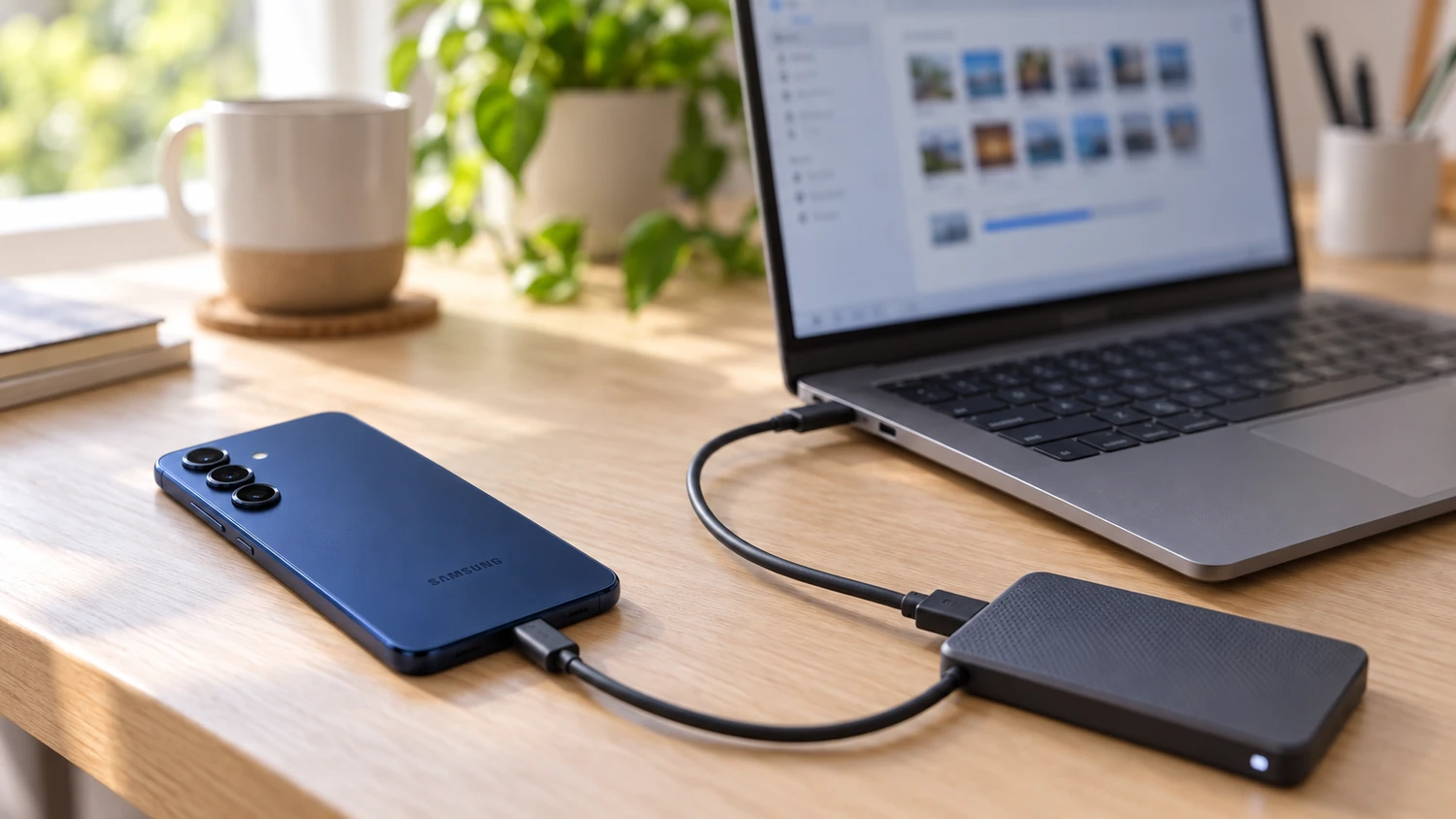 Смартфон Galaxy і зовнішній SSD підключені до ноутбука для резервної копії