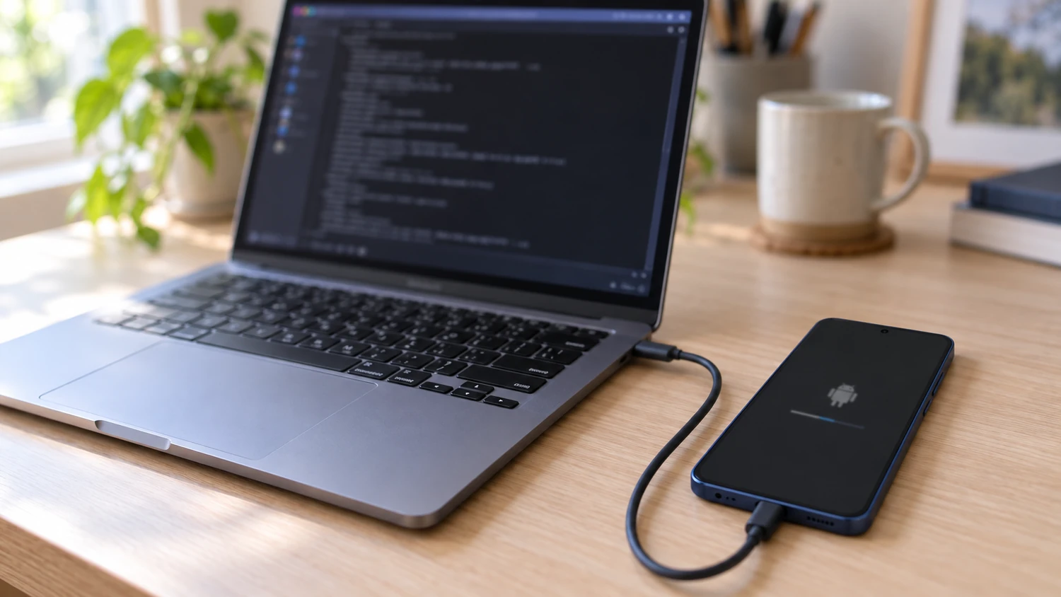 Ноутбук із командним рядком і смартфон у режимі завантажувача на кабелі