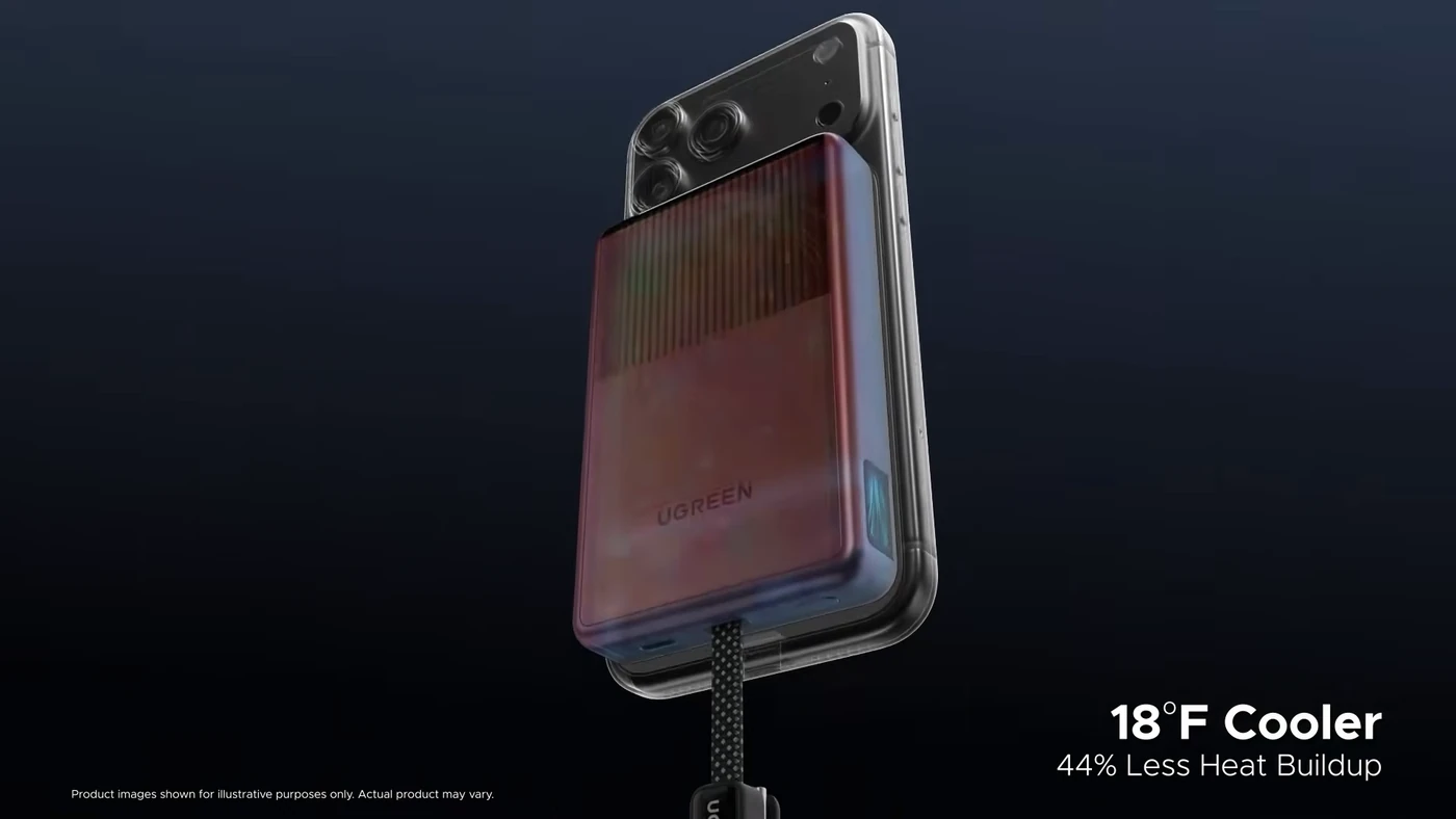 Павербанк UGREEN MagFlow Pro з прозорим віконцем охолоджувальної рідини на спинці смартфона