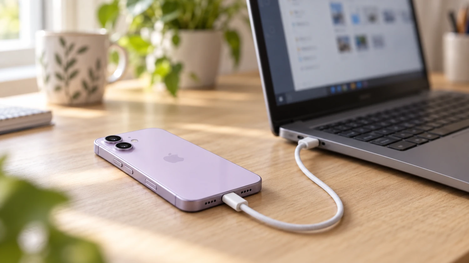 iPhone підключений кабелем до ноутбука з Windows для синхронізації
