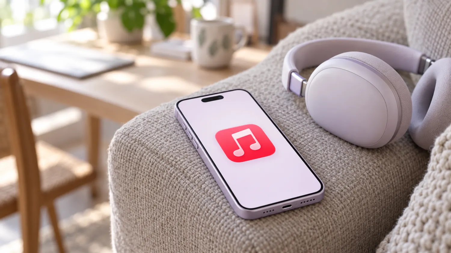 iPhone з Apple Music на підлокітнику дивана поруч із навушниками