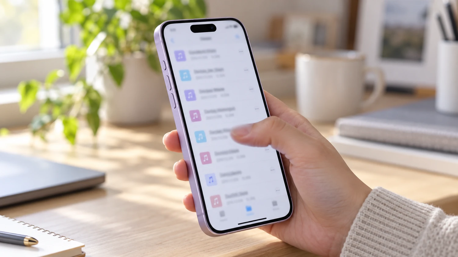 На iPhone гортають список аудіофайлів у файловому менеджері