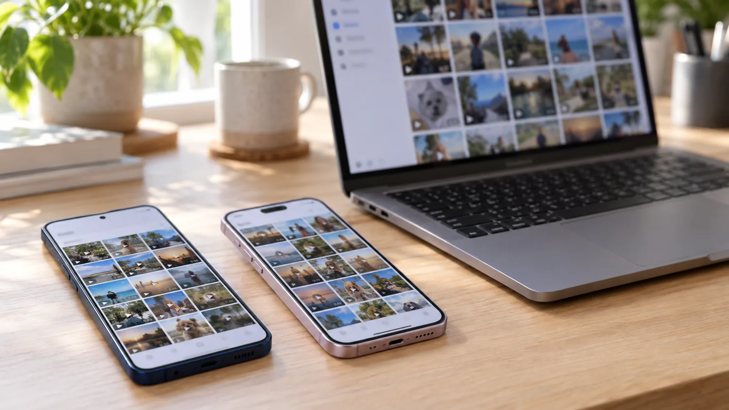 Galaxy, iPhone і ноутбук із завантаженими відео в галереї